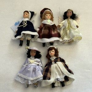 Lot of 5 Vintage 5” Porcelain Dolls Winter Clothes w/ an Angel
